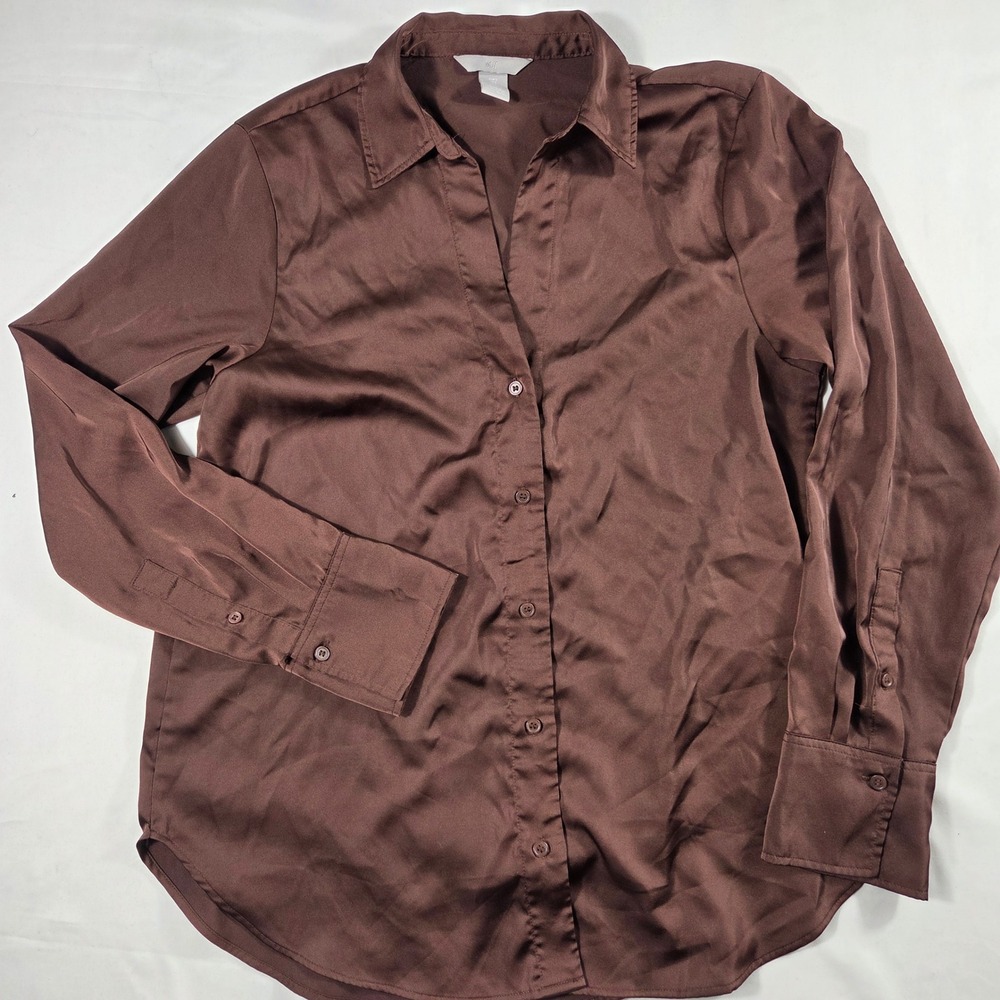 H&M Brown Satin Button Down Shirt Long Sleeve Blouse Chocolate Small